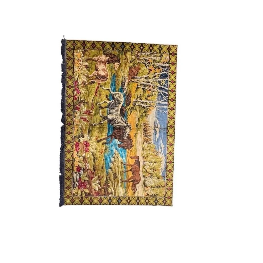Vintage Wild Horses Wall Hanging Tapestry Rug‎ 1970s 70x 49 Landscape